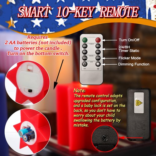 4th of July Patriotic Flameless Candles โ Set of 3 Red White Blue Flameless LED Pillar Candles with Remote, Timer, Flicker Mode, Made of Paraffin and Battery Powered for Indoor Independence Day Decor