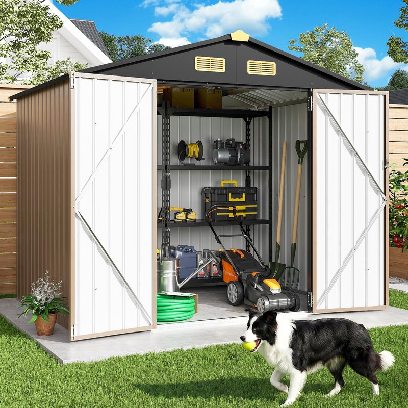 IRONCK 7.7x5.7 FT Storage Shed, Outdoor Metal Tool Shed with Breathable Vents and Lockable Doors, All-Weather Tool Storage for Patio, Outside, Poolside, Brown
