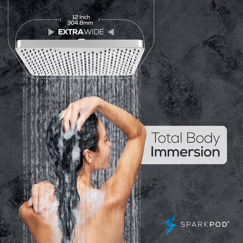 SparkPod 12 Inch Rectangle Rain Shower Head - Ceiling or Wall Mount Rainfall Shower Head - Large Coverage Showerhead - Brass Ball Joint with 360° Adjustment - 1-Min Install (Luxury Polished Chrome)