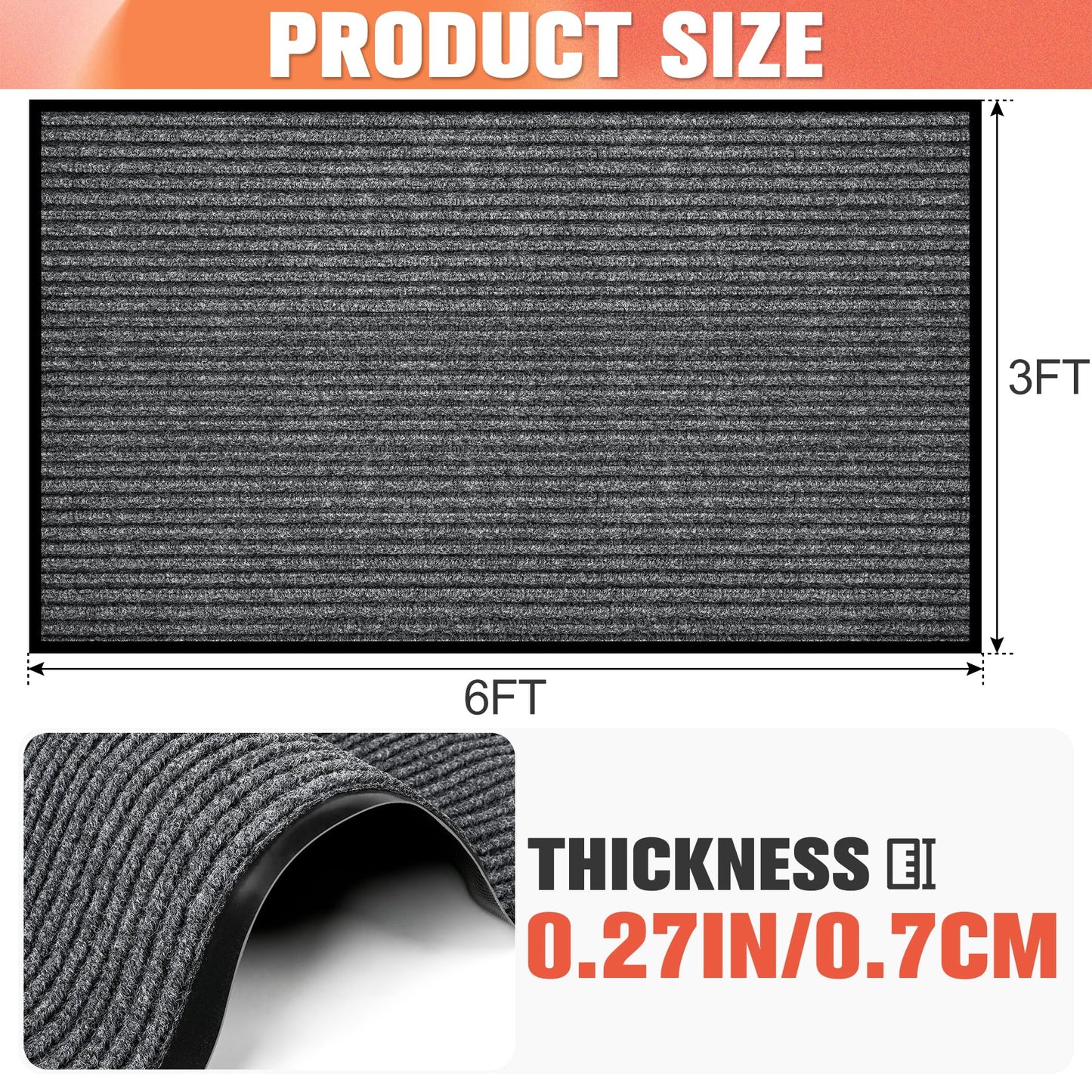 MYFAMIREA Commercial Floor Mat 3' x 6' Extra Large Front Door Industrial Rug Heavy Duty Brush Step Entrance Mat Weather Utility Rug with Non Slip Rubber Backing Low Profile for Entryway, Charcoal Grey