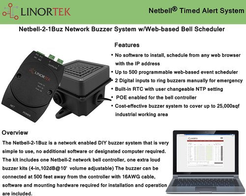 Netbell-2-1Buz Ethernet Enabled Break Alarm Buzzer System for Factory | Warehouse | Shop - Coverage up to 25K SQFT (102dB@10ft), Expandable, No Fees