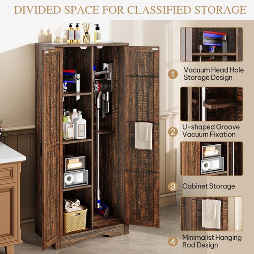 DWVO Wooden Storage Cabinet, Vacuum Cleaner Storage Compatible with Dyson Models, Utility Stand for Brooms and Mops, Cleaning Tool Cabinet with Doors for Garage, Office, Home