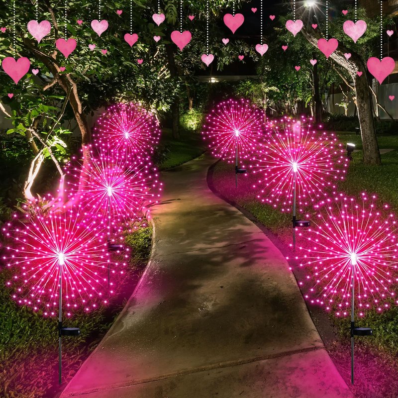 Tujoe 6 Pack Pink Solar Firework Lights 180 LED 8 Lighting Modes Waterproof Outdoor Decorative Solar Lights for Wedding Valentine Birthday Garden Patio Yard Pathway Walkway Lawn Decor