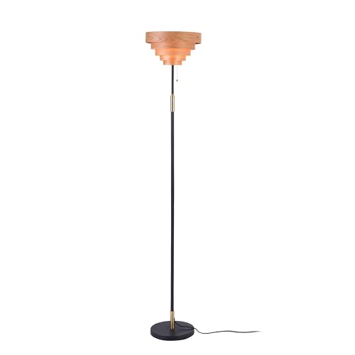 O'Bright Cascade Floor Lamp ? Modern Wooden Layered Lampshade, E26 Socket, Pull Chain Switch, Metal Base, Standing Lamp for Living Room, Bedroom, Office, Black