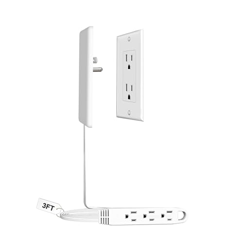 CABOCASA 3FT Flat Plug Extension Cord Power Strip 3 Outlets White-Down