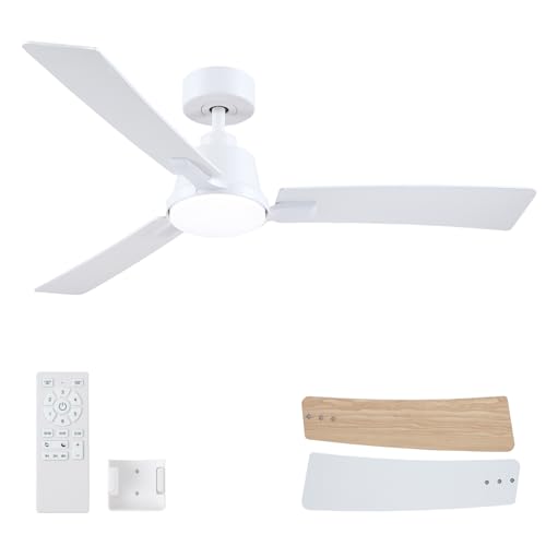 52 Inch Ceiling Fans with Lights,Low Profile Ceiling Fan,Modern Flush Mount,Reversible 6 Speeds,3CCT Dimmable Noiseless White Ceiling Fans for Living Room,Bedroom and Patio,ETL Listed