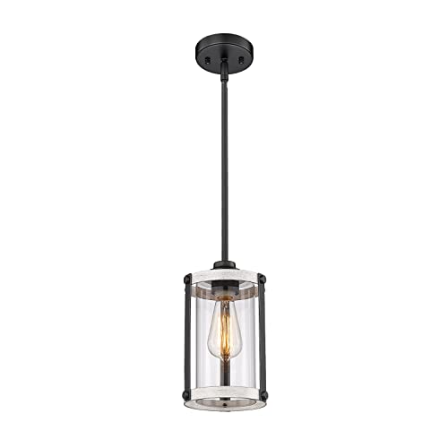 Farmhouse Pendant Light Fixtures, 1-Light Rustic Oak White Pendant Light Fixtures, Mini Glass Hanging Lighting with Rod for Kitchen Island Bar Bedroom, Adjustable Length, OS-3015