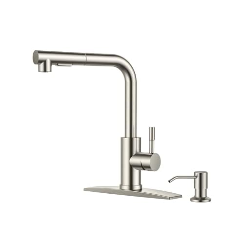 FORIOUS Kitchen Faucet with Soap Dispenser, Brushed Nickel Stainless Steel Sink Faucet with Pull Out Sprayer Modern Single Handle Suitable for Bar RV Farhouse Laundry Outdoor