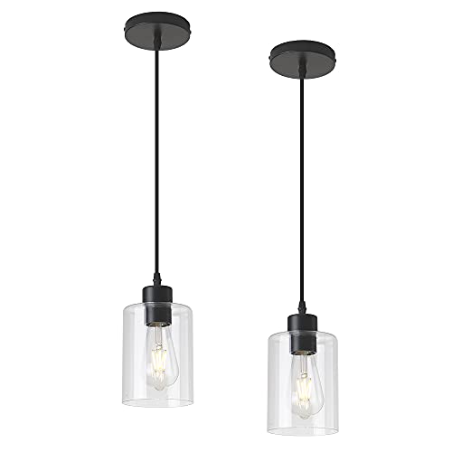 KLSS Black 2 Pack Farmhouse Glass Pendant Lights for Kitchen Island, Dimmable 4.75 Inch Shade with 58 Inch Cord