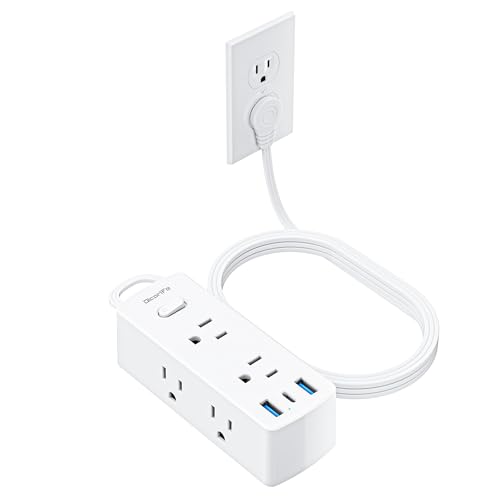 Olcorife 5FT Flat Plug Power Strip with 6 Outlets & 3 USB Ports - White, 5FT Extension Cord, 3-Sided Design