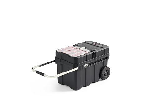 Keter Masterloader Resin Rolling Tool Box with Locking System, 6 Removable Bins, Black/Red