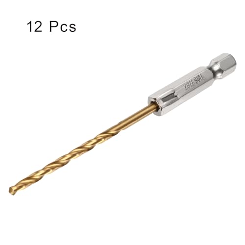 HARFINGTON 12pcs 7/64" Hex Shank Drill Bits 1/4" Titanium Drill Bits Set M35 High Speed Steel Twist Drill Bit 85mm Long Fully Ground for Wood, Stainless Steel, Metal, Plastic Plastic