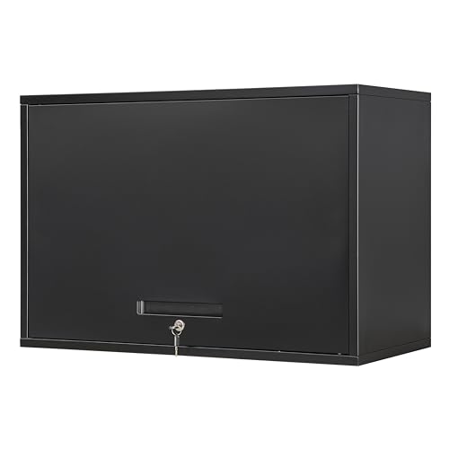 Yizosh Black Garage Wall Cabinet with Sliding Up-Flip Door - 32W x 21.6H x 16D, Heavy-Duty Steel