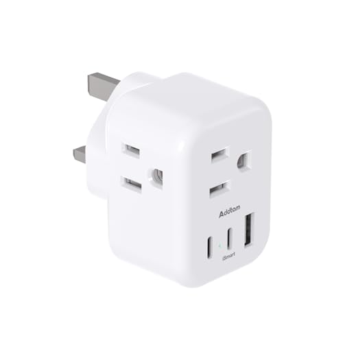 Addtam US to UK Travel Plug Adapter Type G with 3 Outlets, 2 USB-A & 1 USB-C