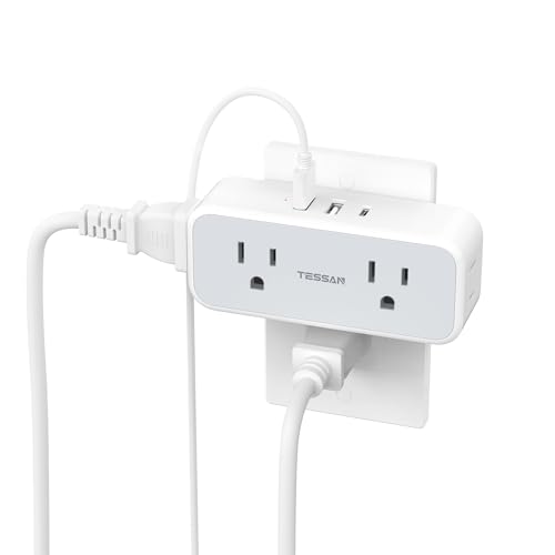 TESSAN Grey USB-C Wall Outlet Extender with 7 Outlets and Dual USB Ports