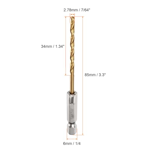 HARFINGTON 12pcs 7/64" Hex Shank Drill Bits 1/4" Titanium Drill Bits Set M35 High Speed Steel Twist Drill Bit 85mm Long Fully Ground for Wood, Stainless Steel, Metal, Plastic Plastic