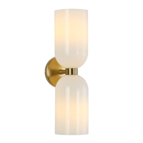 Minimalist 2-Light Gold Wall Sconces with Cylinder Glass Shades- Mid Century Vanity Wall Double Lights Hardwired- Modern Indoor Glass Wall Mounted Art Decor Lights (Milky White, 1 Pack)