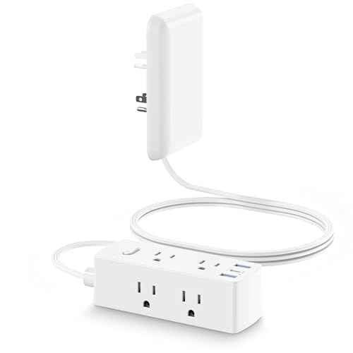 Flat Extension Cord with Outlet Cover, Flat Plug Power Strip with 6 Outlets and 3 USB Ports, 2000 Joules Surge Protector, 5 FT Cord Hidden Outlet Extender for Tight Spaces, White