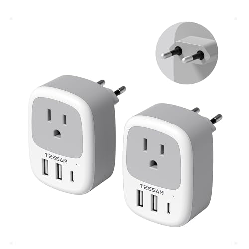 TESSAN 2 Pack Travel Plug Adapter US to Europe Type C, White & Grey