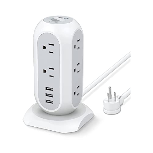 TESSAN 6 Ft White Tower Power Strip with Surge Protection, Flat Plug, 14 Outlets & USB