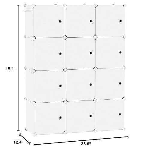 C&AHOME Cube Storage Organizer with Doors, 12-Cube Shelves, Closet Cabinet, DIY Plastic Modular Bookshelf Ideal for Bedroom, Living Room, 36.6¡±L x 12.4¡±W x 48.4¡±H Milky USHS3012M-DOOR