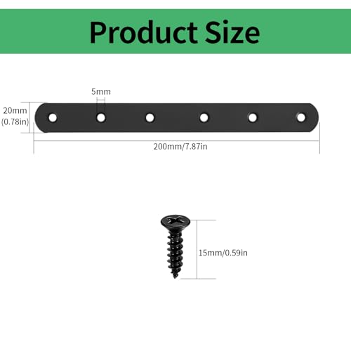 200x20mm Black Heavy Duty Metal Straight Braces Pack of 10 - Repair Plates for Wood & Furniture