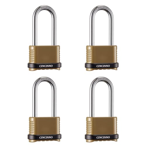 CINCINNO 4 Pack Heavy Duty Combination Padlocks with Long Shackle, Weatherproof 4-Digit Code Lock for Outdoor Security