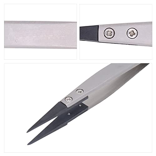 1 pcs Anti Static Tweezers, Pointed Tip Tweezers with Stainless Steel Body and Carbon Fiber Plastic Head, for Emiconductor Microelectronics