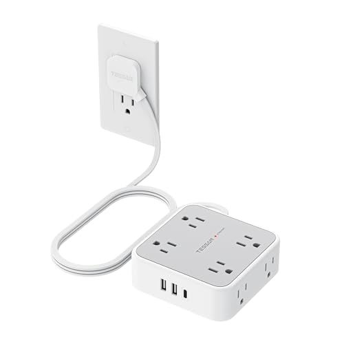 TESSAN 11-in-1 Surge Protector Power Strip with 900J Protection, 5ft Flat Cord, Grey & USB-C