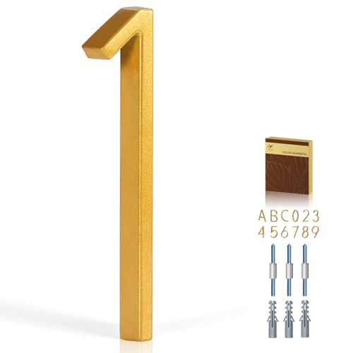Number 1 House Numbers for Outside - 5 Inch Modern Metal Address Sign, Weather-Resistant Gold Finish