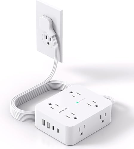 HANYCONY 5Ft Flat Surge Protector Power Strip with 12 Outlets & USB-C Ports