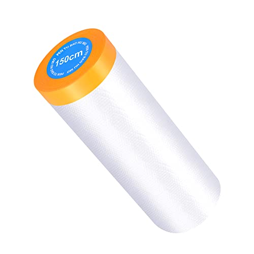 Muf 5 x 65 Feet Plastic Drop Cloth Plastic Sheeting with Masking Tape,Waterproof Protective Masking Film,Prevent Dust Paint for Car,Furniture,Carpet,Floor,1 Pack
