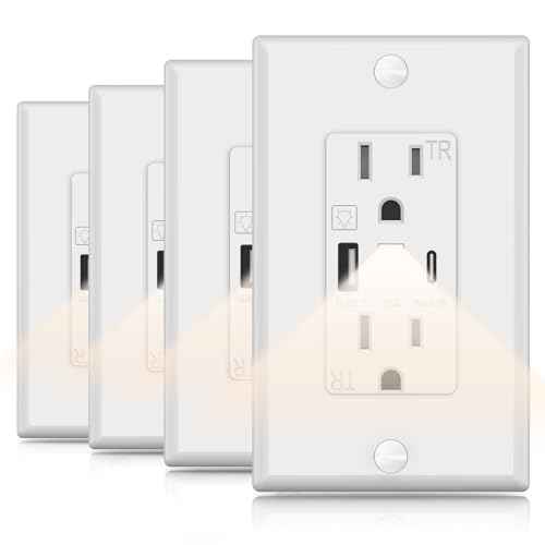 USB Outlet with Night Light Fast Charge - 4.8A USB Electrical Outlet, 15 Amp Receptacle Outlet with Type C Port Tamper Resistant Receptacle Wall Plate Listed for Kitchen Bathroom (4-Packs)