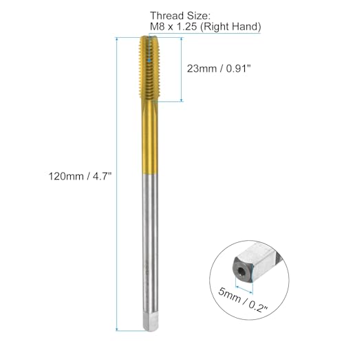 uxcell Metric Thread Tap M8 x 1.25 H2 120mm Extra Long Titanium Coated High Speed Steel 6542 Straight Flute Screw Thread Milling Machine Taps Threading Tapping Repair Tool