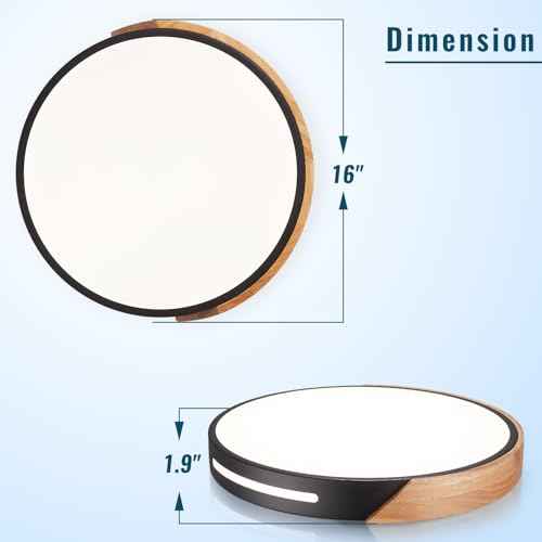 Wood Ceiling Light Flush Mount LED 36W, 16 inch Flush Mount Black, Kitchen Light Fixtures Ceiling Mount, Dimmable Close to Ceiling Light for Bedroom, Living Room, Bathroom