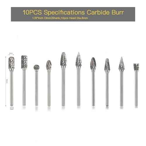 Carbide Burr Set 10PC 1/8" Shank Tungsten Double Cut Carbide Rotary Burr Set for Metal and Wood Carving, Grinding, Polishing, Engraving, Drilling.