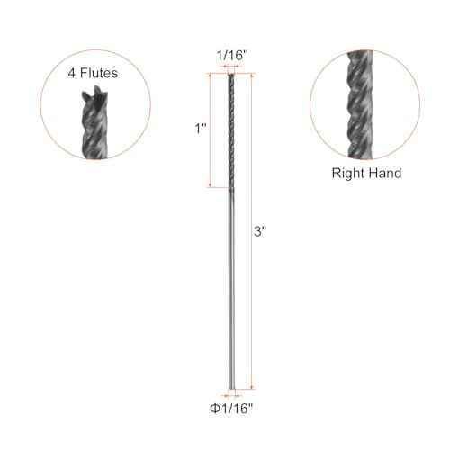 HARFINGTON Carbide Square Nose End Mill Bit 1/16" Cut Dia 4 Flutes TiAlN Coated Milling Cutter for Hardened Steel Metal (1/16" Shank 1" Cut Length 3" Long 30 Degree HRC53-55)