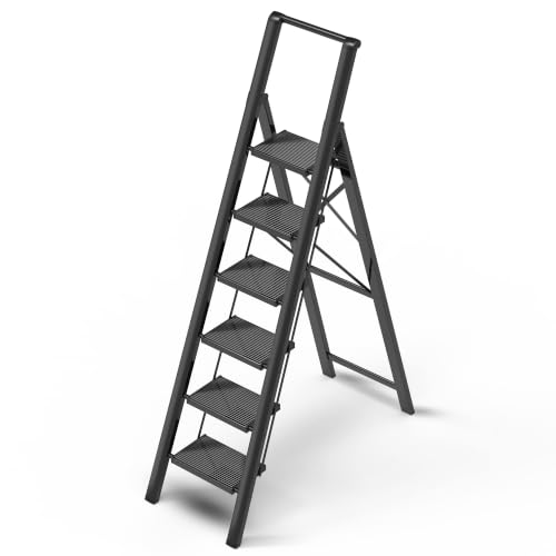 Black Foldable 6 Step Ladder Stool - Lightweight Aluminum, Anti-Slip, 300 lbs Capacity