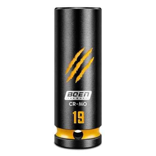 BOEN 1/2" Drive 19mm Deep Impact Socket Set, Chrome-molybdenum Steel, 6-Point Design, Deep Embossed and Painted Marking, Yellow Groove, Black Phosphate Coating