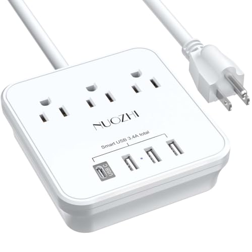NUOZHI 6 Ft Power Strip with 3 Outlets & 4 USB Ports - White, Travel & Home Use