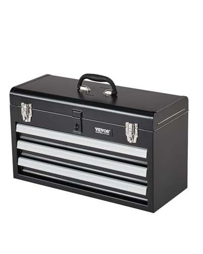 VEVOR 20.5-Inch Metal Tool Box with 3 Drawers, Auto-Lock Top Box – Black (3-Drawer Variant)