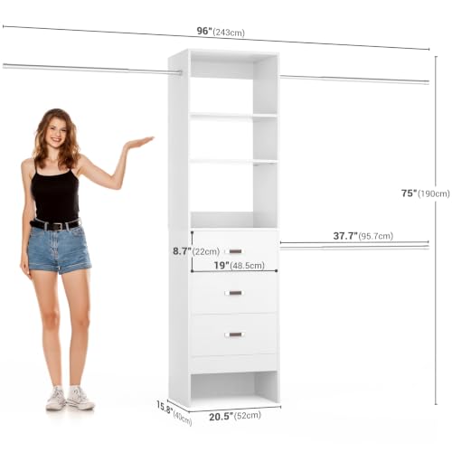 Besiost 96-Inch White Closet Organizer System with 3 Hanging Rods & Wooden Drawers - Adjustable 5-8FT Walk-In Wardrobe
