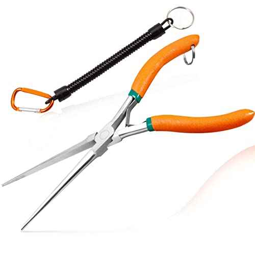 Long Reach Needle Nose Pliers 7" Thin Extra Long Needle Nose Pliers with Serrated Jaw Lanyard Double Leaf Spring Loaded for Jewelry Making Electrician Repair Tools in Tight Spaces
