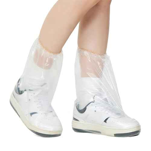 Disposable Waterproof Shoe Covers for Rain, 10 Pairs of Clear Durable Non-Slip Plastic Rain Boot Covers for Men & Women for Use in Water Parks, Commuting and Travel (clear, adults)