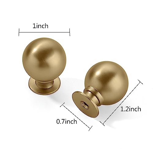 CABDM 10 Pack 1 Inch Brushed Gold Brass Cabinet Knobs for Kitchen & Furniture