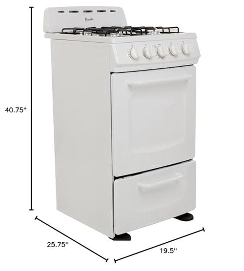 Avanti GRO20P0W Gas Range Oven Compact Freestanding Design, 4 Burners with Electronic Ignition, 2.1 Cu.Ft. Capacity Features Solid Door Storage Drawer Broiler and Accessories, 20-Inch, White