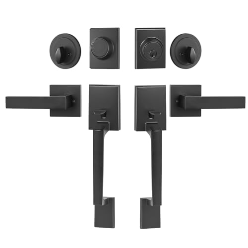 VEVOR Double Door Handle Set, Matte Black Square Door Lever, Double Front Door Handle Set with Reversible Handle Lever, Heavy Duty Double Door Lock Set with Dummy, for Office Door or Front Door