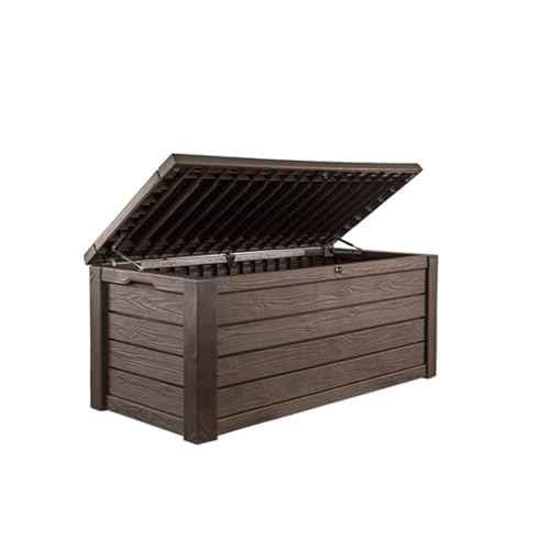 Keter Westwood 150 Gallon Deck Box Organizer, Doubles as 2-Person Bench Seat, Brown ? Large Resin Outdoor Storage and Seating with Lockable Lid for Garden, Pool, and Patio