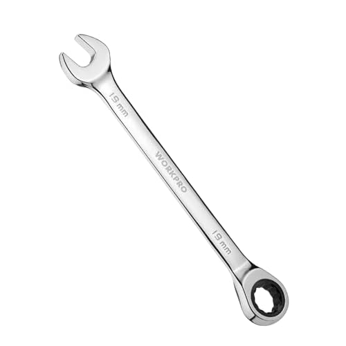 WORKPRO 19 mm Ratcheting Combination Wrench Metric, CR-V Constructed with Mirror Polish Chrome Plating, 12-Point Design, 15-Degree Offset
