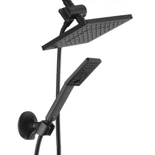 BRIGHT SHOWERS Rain Shower Head with Handheld Spray, High Pressure Square Showerhead Combo with Rainfall & Handheld, Detachable Dual Shower with Anti-Clog Nozzles, 60" Hose, Matte Black